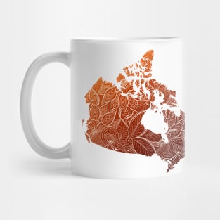 Colorful mandala art map of Canada with text in brown and orange Mug